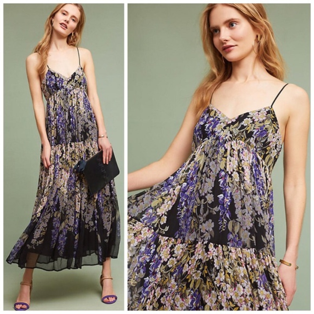 Anthropologie Floral Maxi Dress in Black, Purple, Yellow